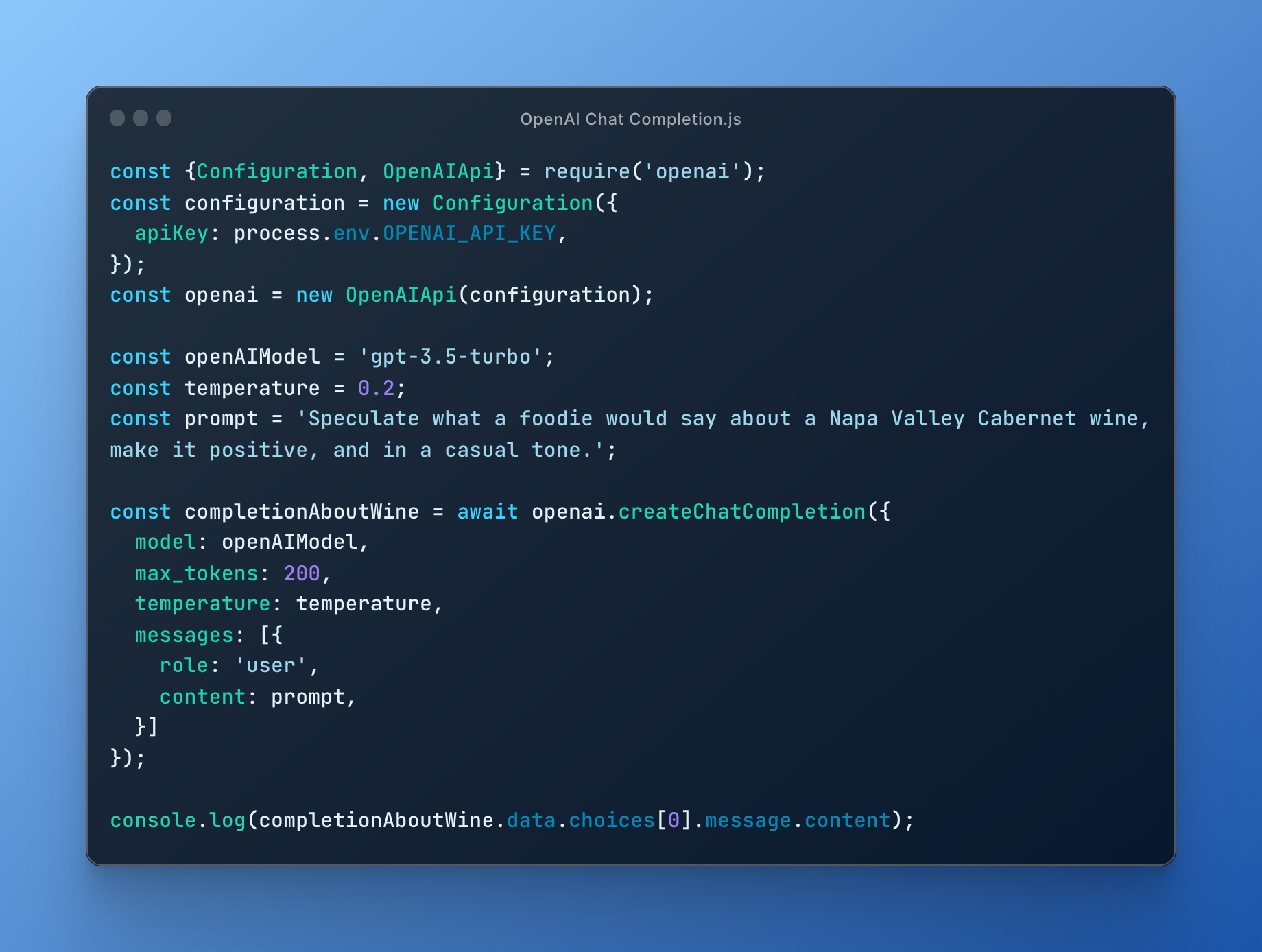 Code snippet showing use of OpenAI SDK with NodeJS